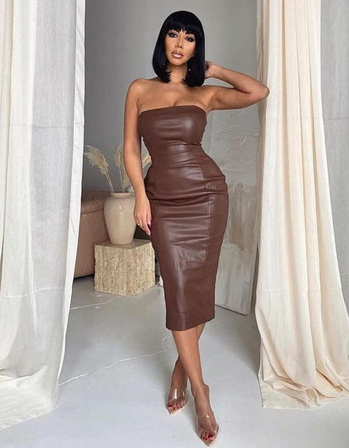 Load image into Gallery viewer, Women Sexy Strapless Tube Top Club Midi Dress off Shoulder Bodycon Party Faux Leather Dress
