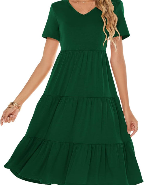 Load image into Gallery viewer, Women'S Casual Summer Tiered Midi Dress Short Sleeve V-Neck Loose Cotton Ruffle Babydoll Dress Boho Sundress
