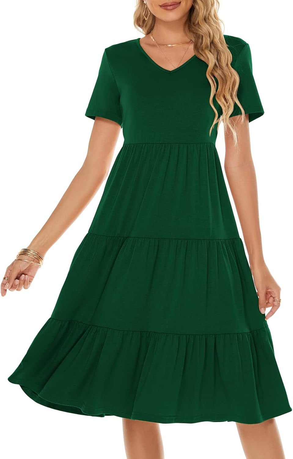 Women'S Casual Summer Tiered Midi Dress Short Sleeve V-Neck Loose Cotton Ruffle Babydoll Dress Boho Sundress