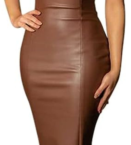 Women Sexy Strapless Tube Top Club Midi Dress off Shoulder Bodycon Party Faux Leather Dress