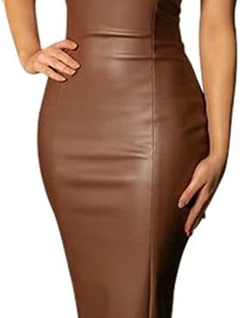 Load image into Gallery viewer, Women Sexy Strapless Tube Top Club Midi Dress off Shoulder Bodycon Party Faux Leather Dress
