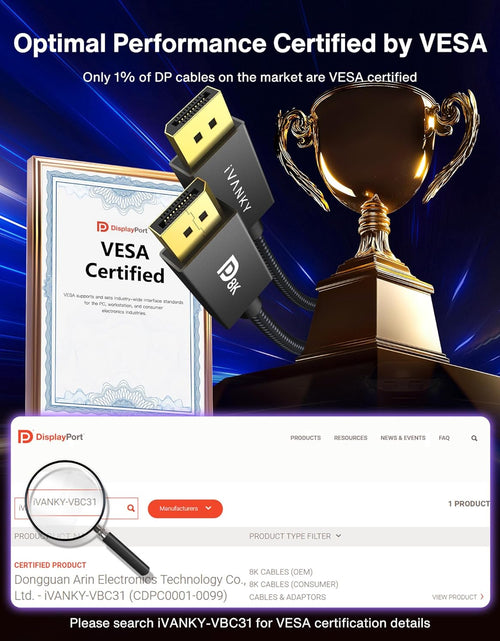 Load image into Gallery viewer, 8K VESA Certified Displayport Cable 1.4,  DP Cable 6.6Ft (8K@60Hz, 4K@144Hz, 2K@240Hz)Hbr3 Support 32.4Gbps, HDR, HDCP 2.2, Freesync G-Sync, Braided Display Port for Gaming Monitor, Graphics, PC
