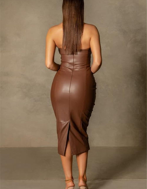 Load image into Gallery viewer, Women Sexy Strapless Tube Top Club Midi Dress off Shoulder Bodycon Party Faux Leather Dress
