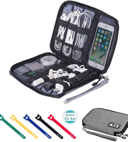 Travel Cable Organizer Bag Waterproof Portable Electronic Accessories Organizer for USB Cable Cord Phone Charger Headset Wire SD Card with 5Pcs Cable Ties(Grey)
