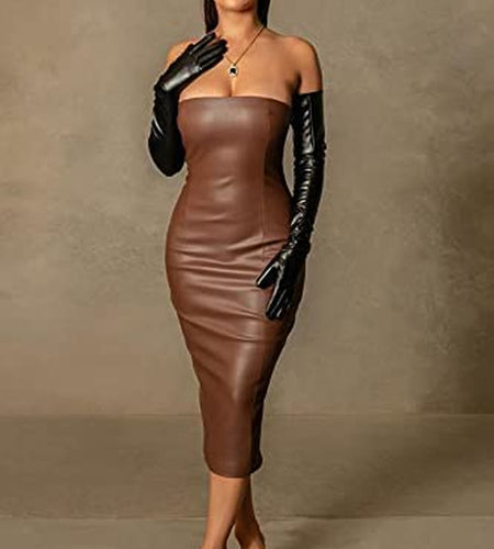 Women Sexy Strapless Tube Top Club Midi Dress off Shoulder Bodycon Party Faux Leather Dress