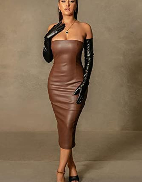 Load image into Gallery viewer, Women Sexy Strapless Tube Top Club Midi Dress off Shoulder Bodycon Party Faux Leather Dress

