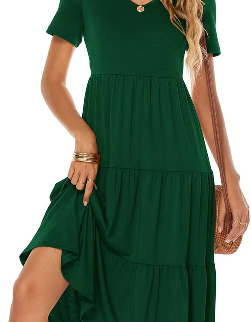 Load image into Gallery viewer, Women'S Casual Summer Tiered Midi Dress Short Sleeve V-Neck Loose Cotton Ruffle Babydoll Dress Boho Sundress
