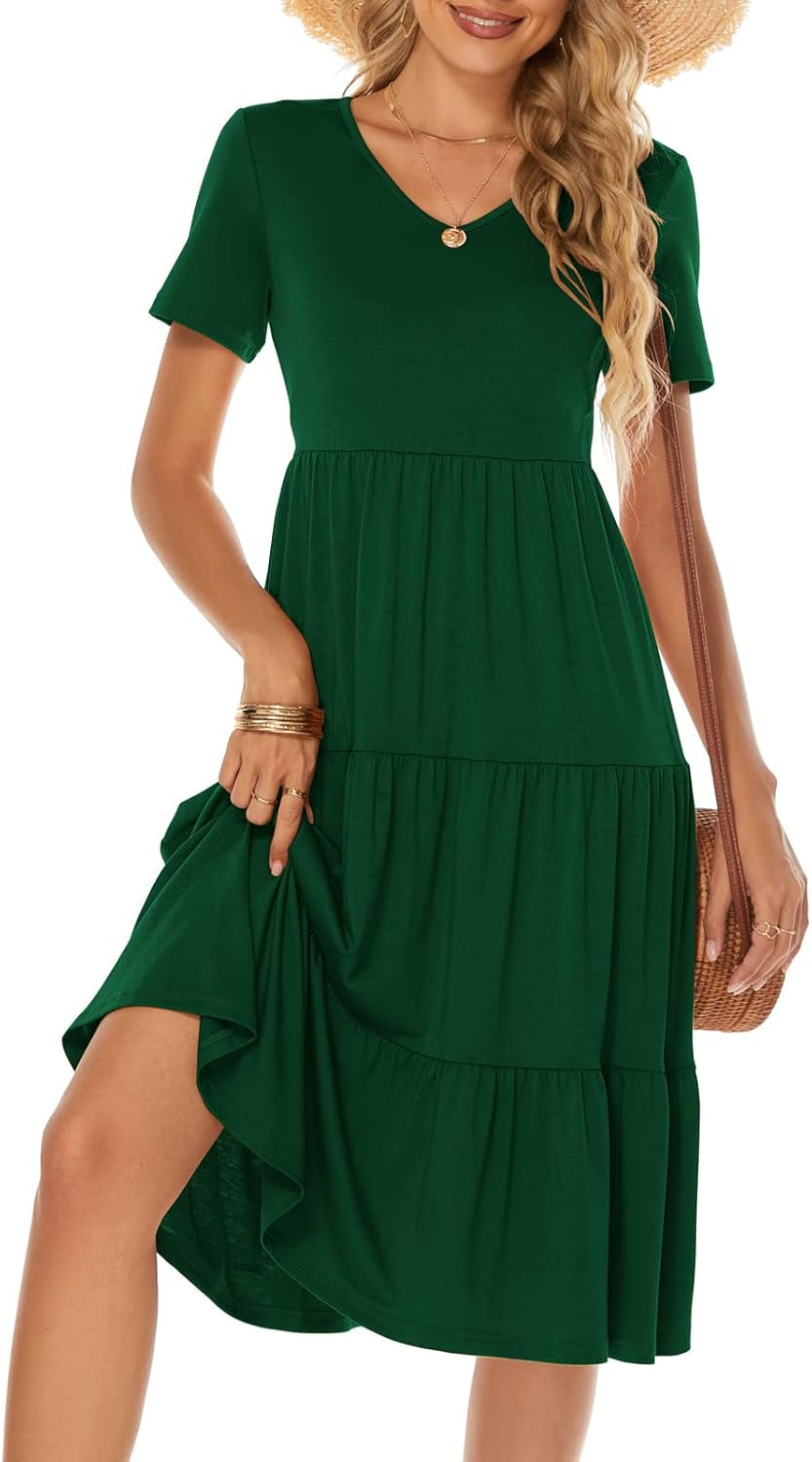 Women'S Casual Summer Tiered Midi Dress Short Sleeve V-Neck Loose Cotton Ruffle Babydoll Dress Boho Sundress