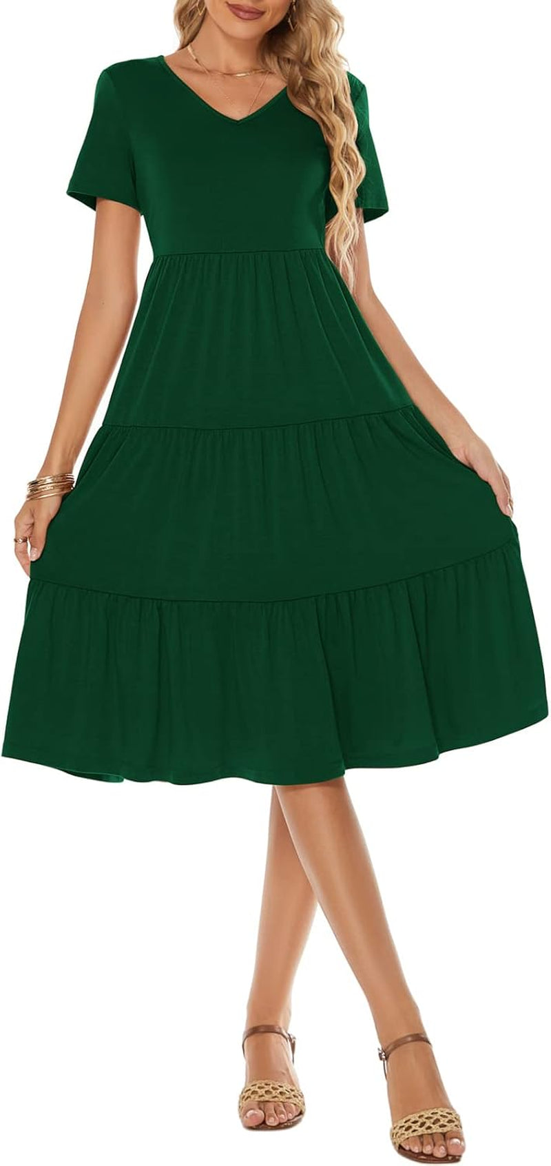 Women'S Casual Summer Tiered Midi Dress Short Sleeve V-Neck Loose Cotton Ruffle Babydoll Dress Boho Sundress