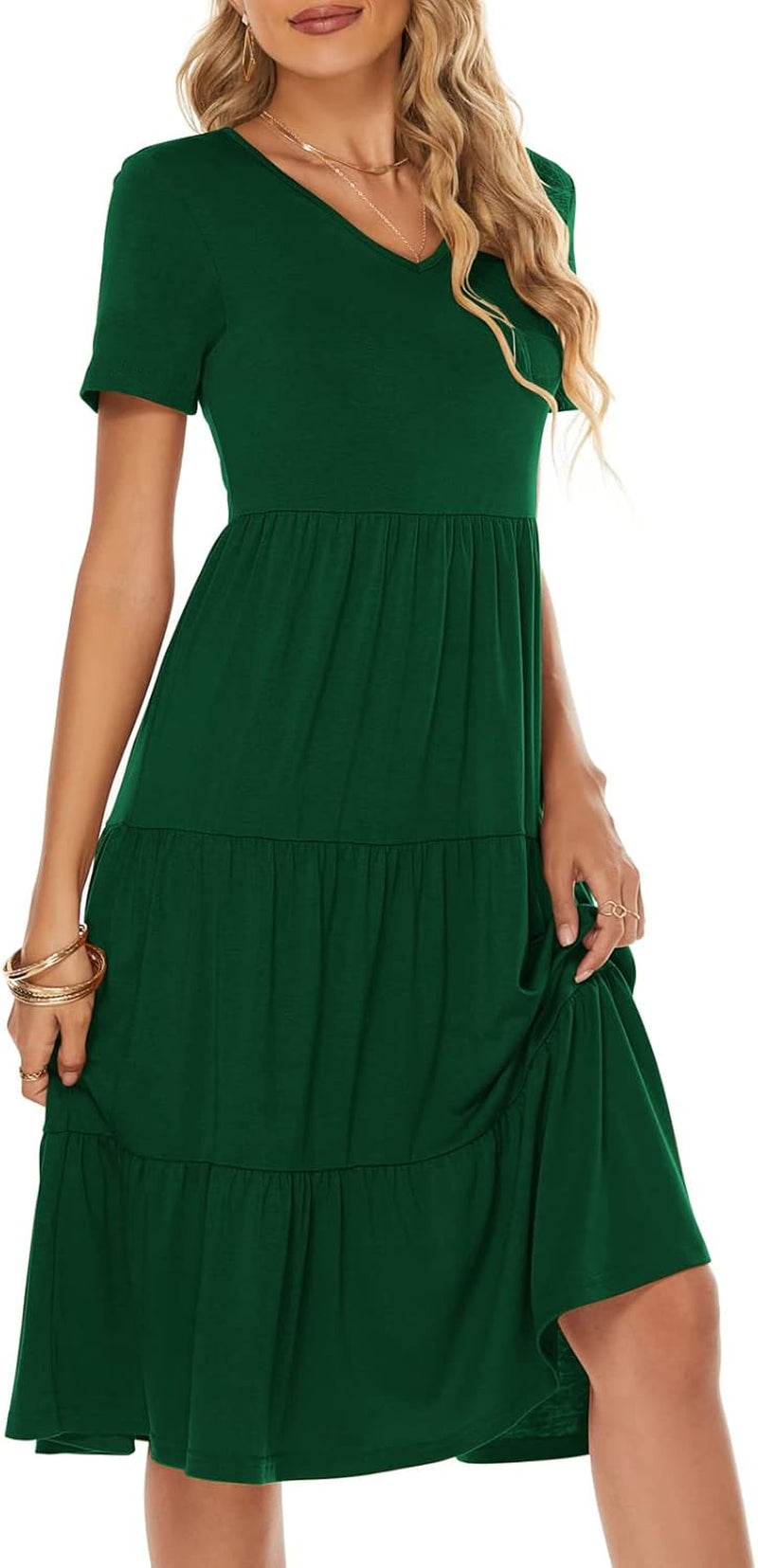 Women'S Casual Summer Tiered Midi Dress Short Sleeve V-Neck Loose Cotton Ruffle Babydoll Dress Boho Sundress