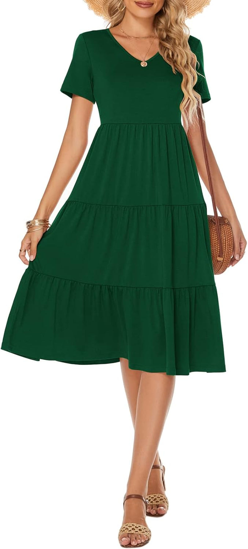 Women'S Casual Summer Tiered Midi Dress Short Sleeve V-Neck Loose Cotton Ruffle Babydoll Dress Boho Sundress