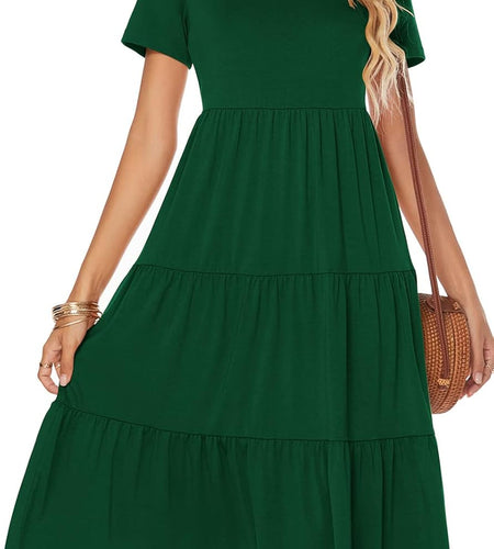 Women'S Casual Summer Tiered Midi Dress Short Sleeve V-Neck Loose Cotton Ruffle Babydoll Dress Boho Sundress