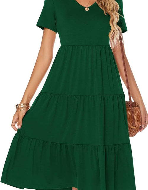 Load image into Gallery viewer, Women'S Casual Summer Tiered Midi Dress Short Sleeve V-Neck Loose Cotton Ruffle Babydoll Dress Boho Sundress
