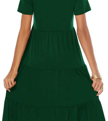 Women'S Casual Summer Tiered Midi Dress Short Sleeve V-Neck Loose Cotton Ruffle Babydoll Dress Boho Sundress